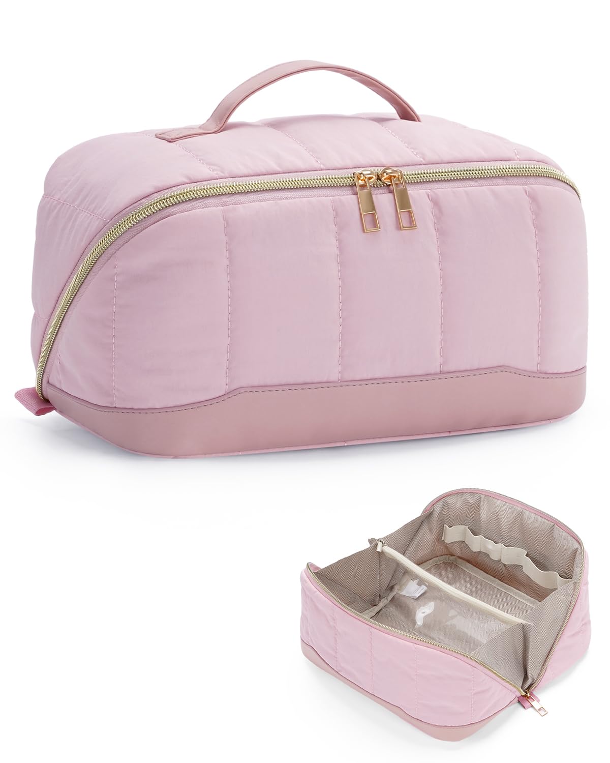 Makeup Bag for Women, Open Flat Puffy Organizer with Wipe-Clean PVC Lining