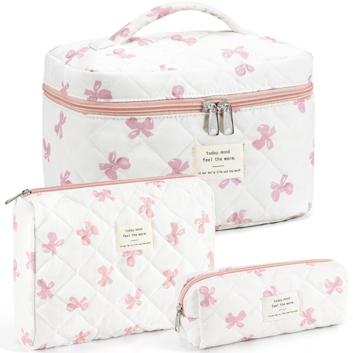 Makeup Bag for Women 3PCS Quilted Cotton Make Up Bag Travel Cosmetic Bag Large Makeup Bag Set Cute Makeups Organizer Floral Toiletry Pouch for Purse, Pink Floral D