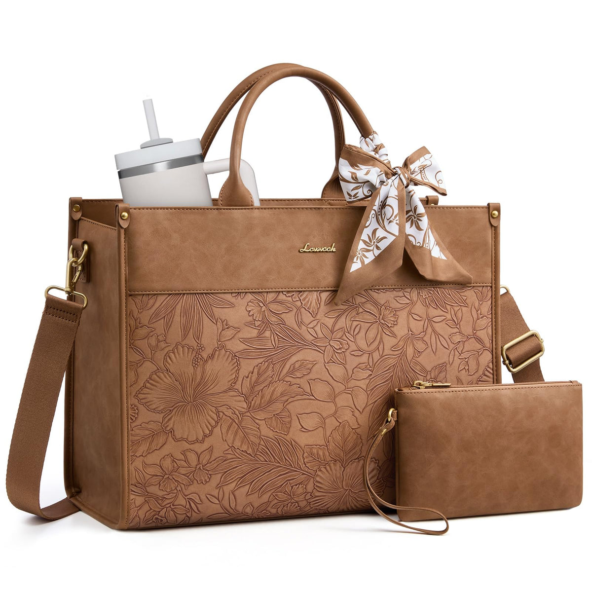 LOVEVOOK Laptop Tote Bag for Women, Vintage Work Bag with Large Cup Holder