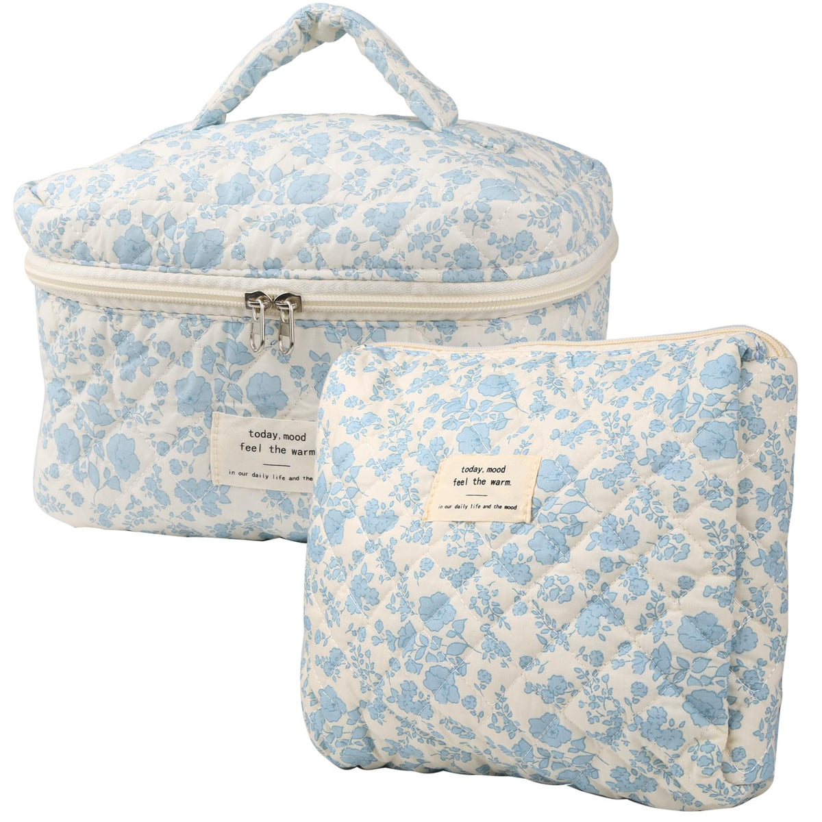 NATINSA Cute Makeup Bag for Women(2 Pcs), Travel Cosmetic Bags, Quilted Coquette Aesthetic Floral Toiletry Organizer Bag (46 - Sky Blue/4Pcs)