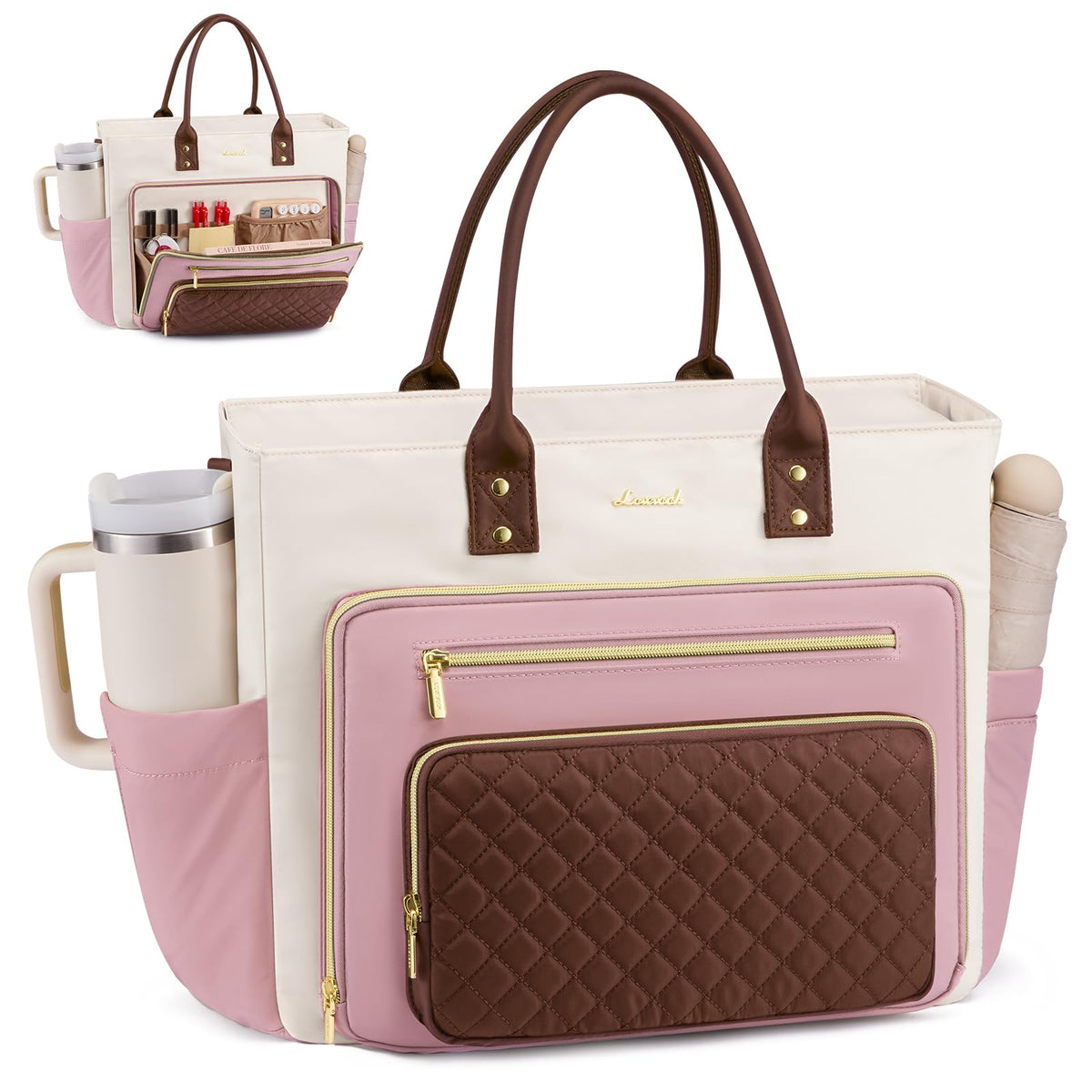 LOVEVOOK Teacher Tote Bag for Women Work, Laptop Bag With Large Cup Holder, Nurse Bags Professional Briefcase Business Computer Purses Bible Handbag Gifts, Black-Beige-Brown, 15.6 Inch