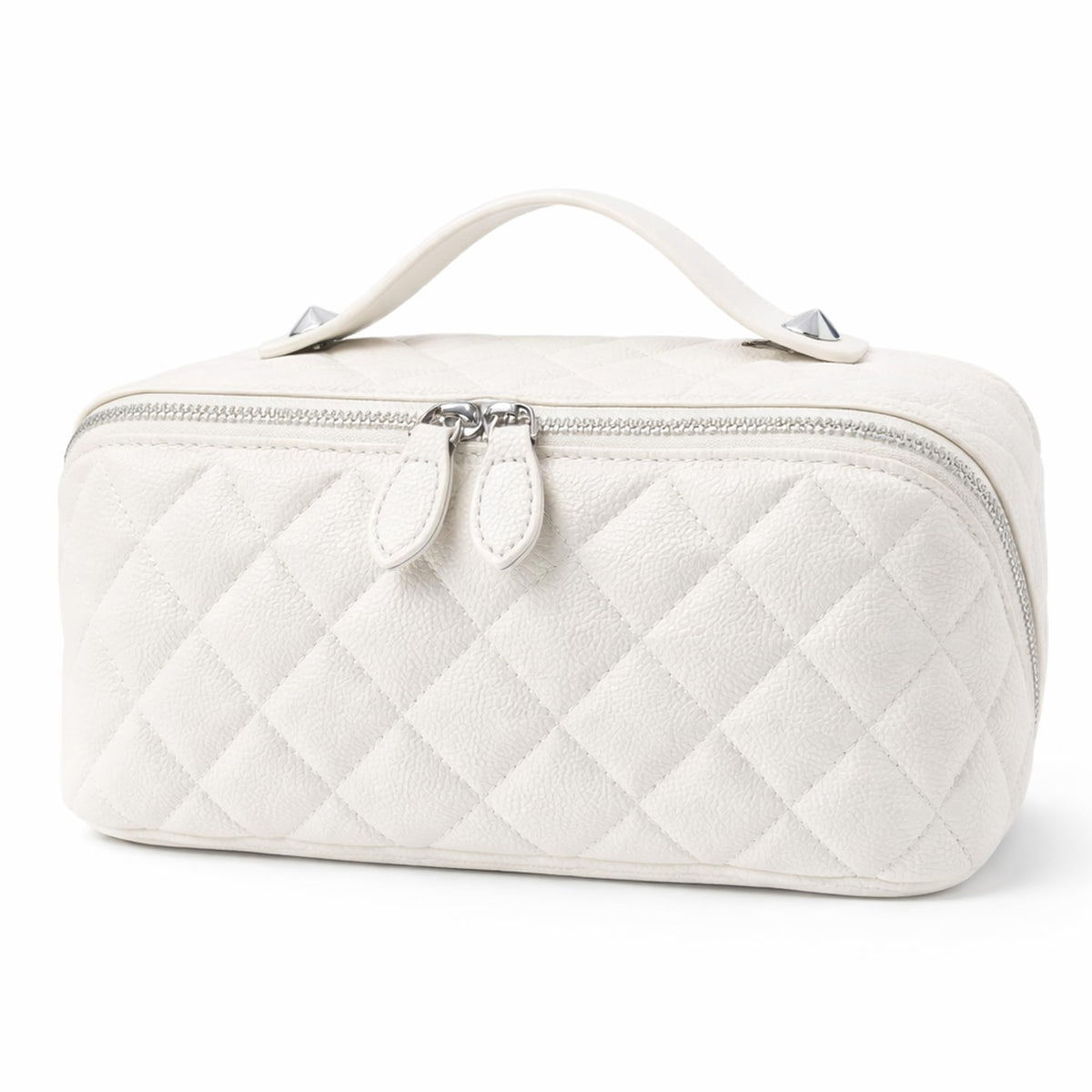 PU Leather Makeup Bag for Women, Structured Makeup Case with Wide Opening, Travel Cosmetic Bag with Compartments and Handle, Water-Resistant Makeup Organizer(Khaki, Lychee Grain)