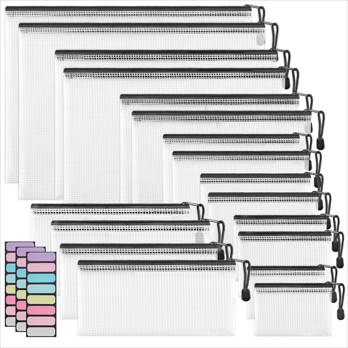 JARLINK 18 Pcs Mesh Zipper Pouch Bags, 8 Sizes Waterproof Zipper Bags