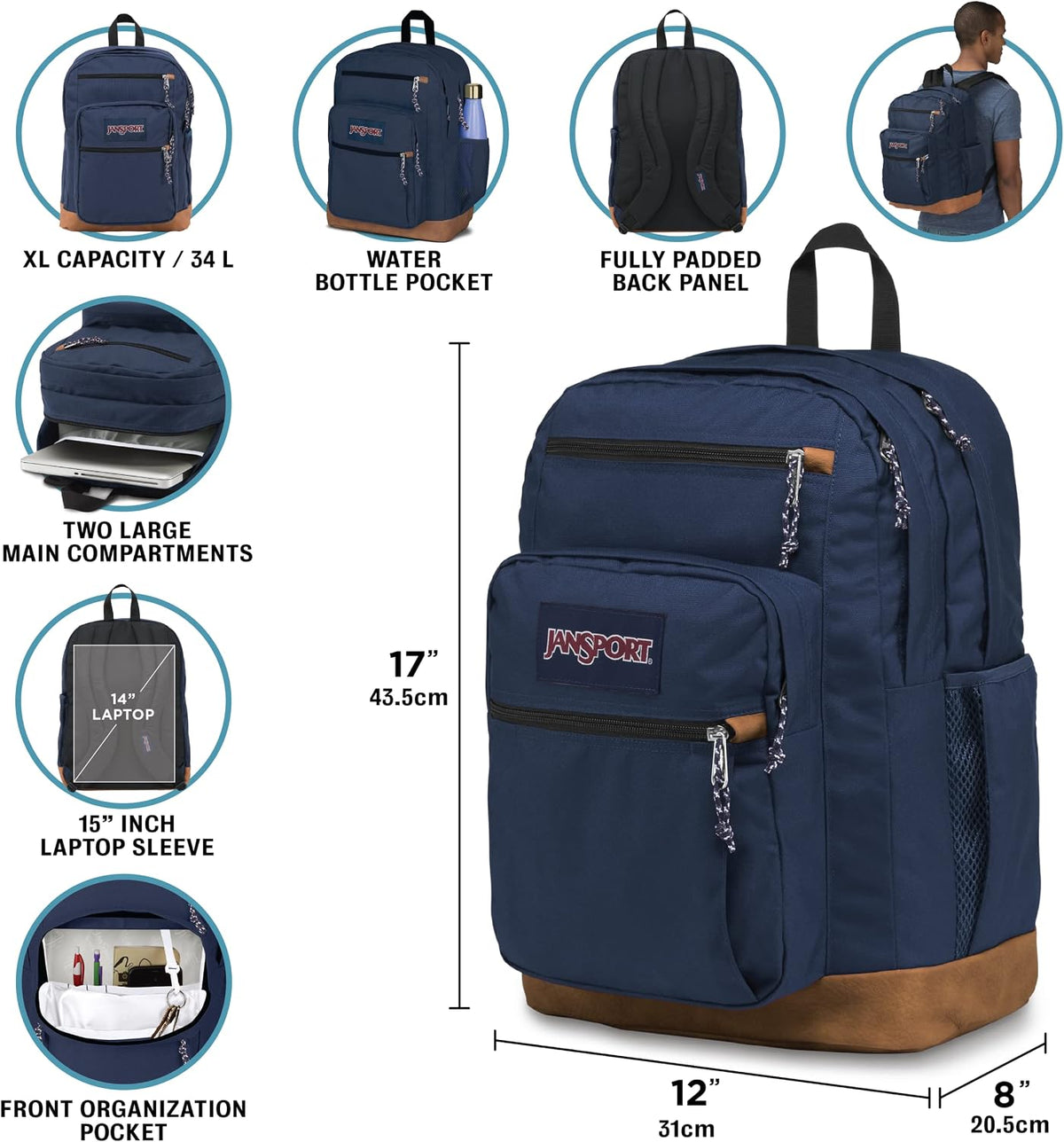 JanSport Cool Backpack, with 15-inch Laptop Sleeve - Large Computer Bag Rucksack with 2 Compartments, Ergonomic Straps, Navy