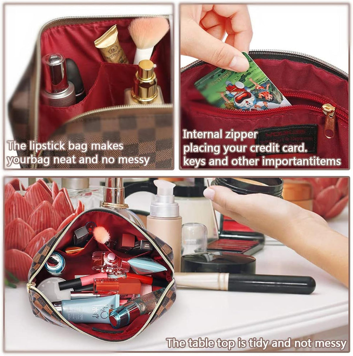 BAGCRAZY Checkered Makeup Bag 2 Pack, Waterproof PU Leather Travel Cosmetic Organizer Set for Women, Portable Toiletry Pouch for Purse & Weekend Getaways