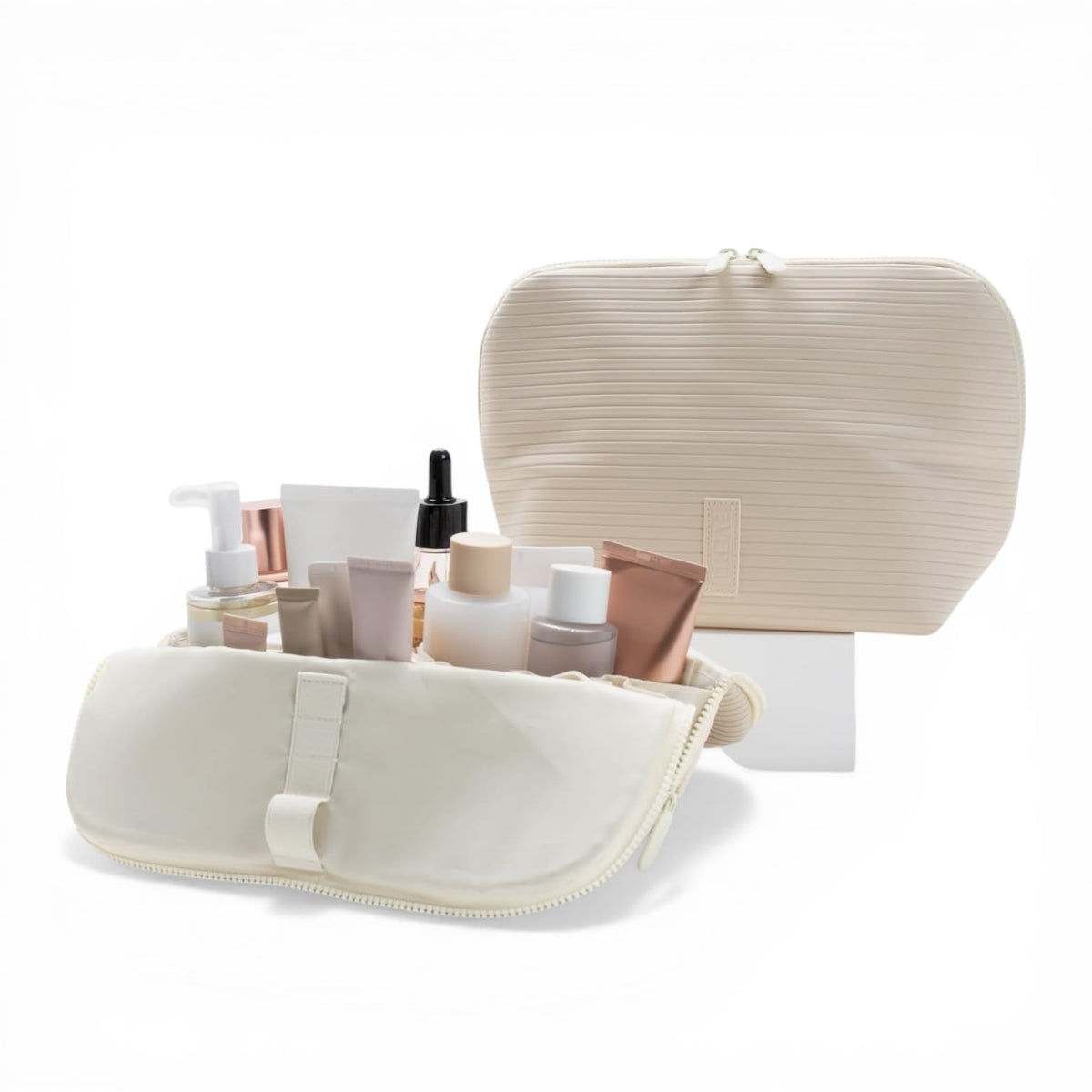 THE VERTI-Vertical Waterproof Makeup & Toiletry Bag | 23-Pocket Organizer with Upright, Fold-Down Design for Skincare, Toiletries & Essentials (Sandstone)