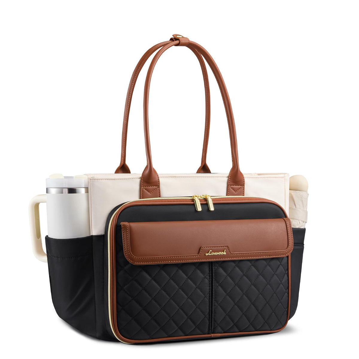LOVEVOOK Teacher Tote Bag for Women, Work Laptop Bag Gift with Large Cup Holder, Quilted Nurse Bag Diaper Tote with Multi-Pockets, Large Computer Handbag Purse for Bussiness Travel, Office, College