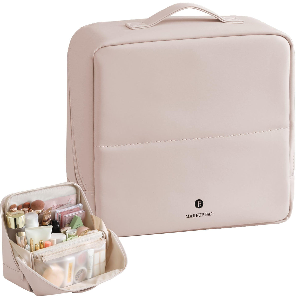 tianzong Travel Makeup Bag with Magnetic Fold-Down Flap, Waterproof Leather Cosmetic and Toiletry Organizer for Women, Multi-Zone Standing Storage, Cream, Large