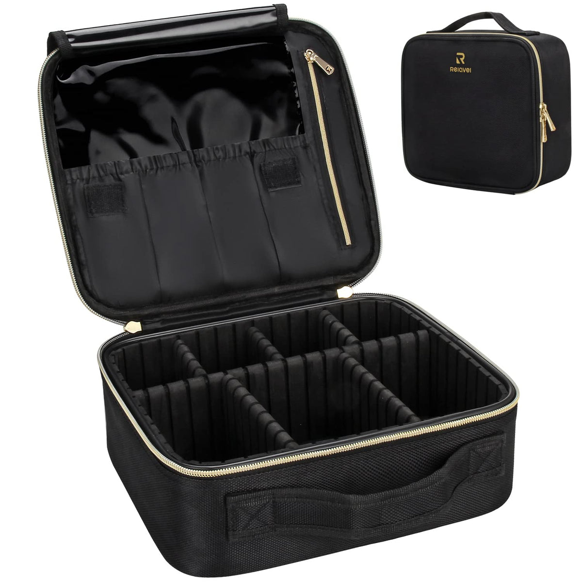Relavel Extra Large Makeup Case, Makeup Artist Set Bag Professional Cosmetic Organizer Bag Storage Box with Makeup Brush Holder, Adjustable Dividers and Shoulder Strap, Black
