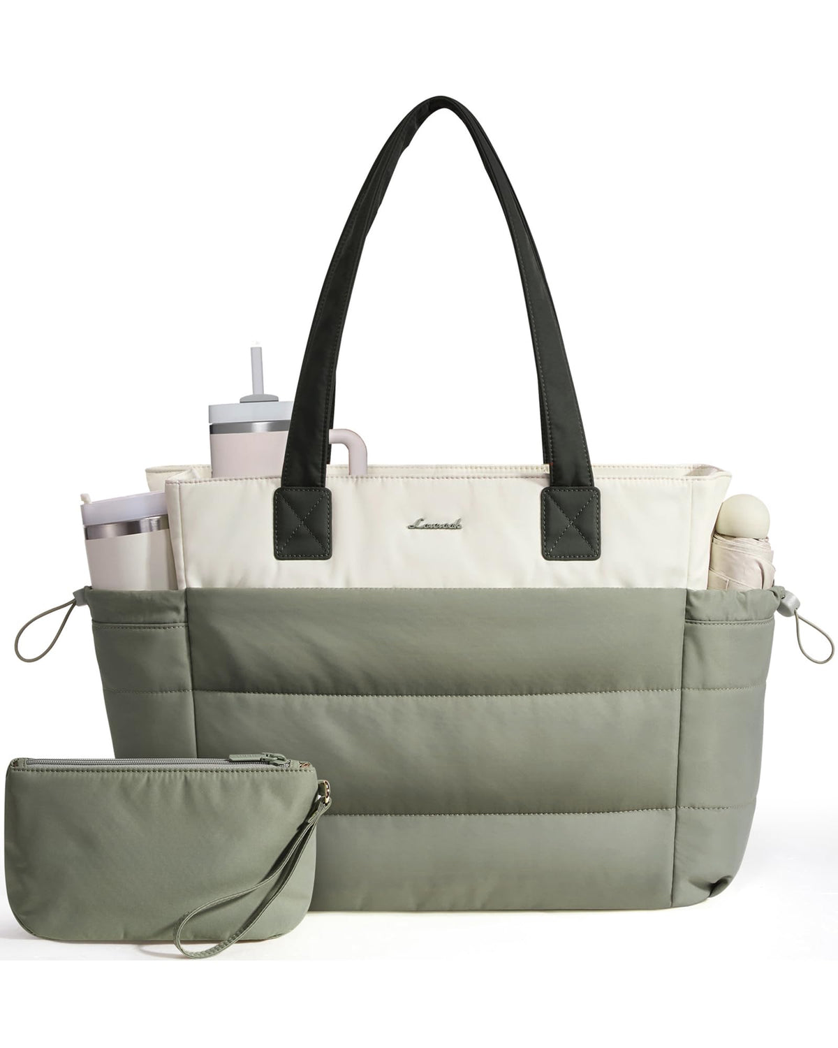 LOVEVOOK Tote Bag for Women with Giant Tumbler Holder Pocket, Puffer Work Travel Laptop Handbag with Zipper for Nurse Teacher