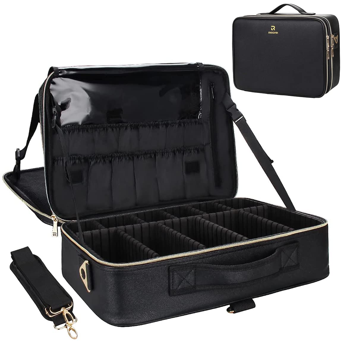 Relavel Makeup Bag Travel Makeup Train Case Large Cosmetic Case Professional Portable Makeup Brush Holder Organizer and Storage with Adjustable Dividers and Shoulder Strap Black