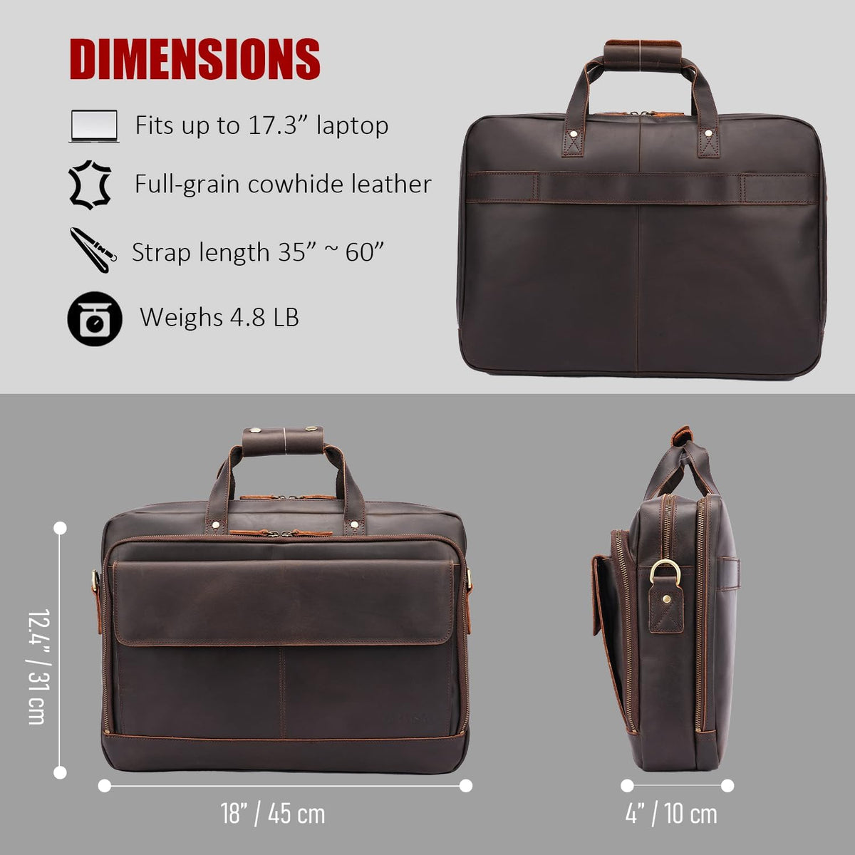 STAR VISTA Matteo Pro 18" Laptop Messenger Bag, Full Grain Leather Briefcase for Men, YKK Zippers, Fits 17.3" Laptop