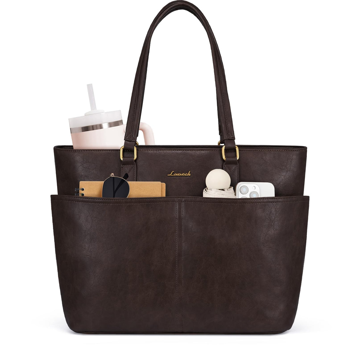 LOVEVOOK Work Tote Bags for Women, Vintage Leather 15.6 Inch Laptop Bag with Large Cup Holder, Teacher Nurse Medical Professional Computer Bag, Office Briefcase Handbag Gift