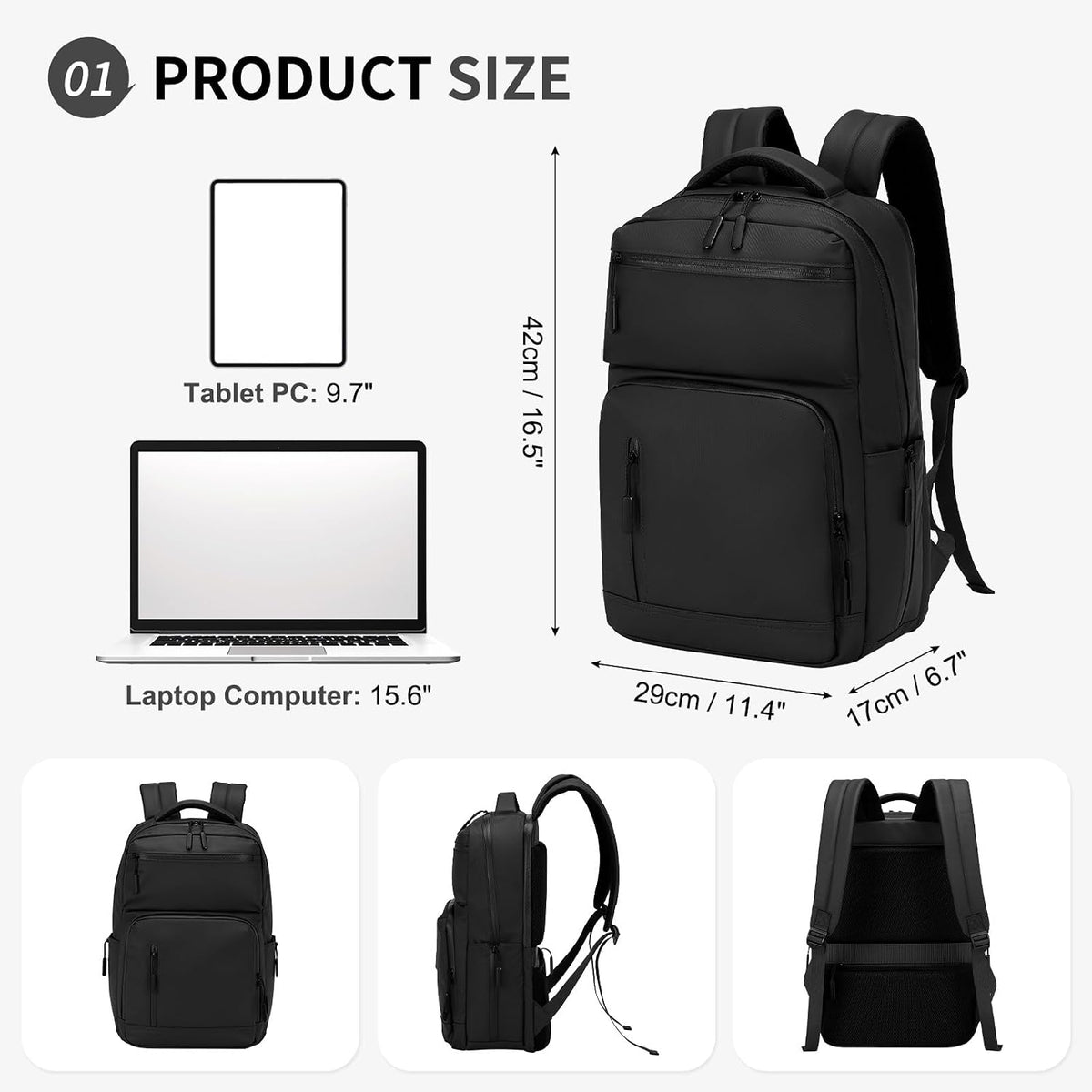 20L 15.6 Inch Laptop Backpack Anti Theft Flight Approved Black