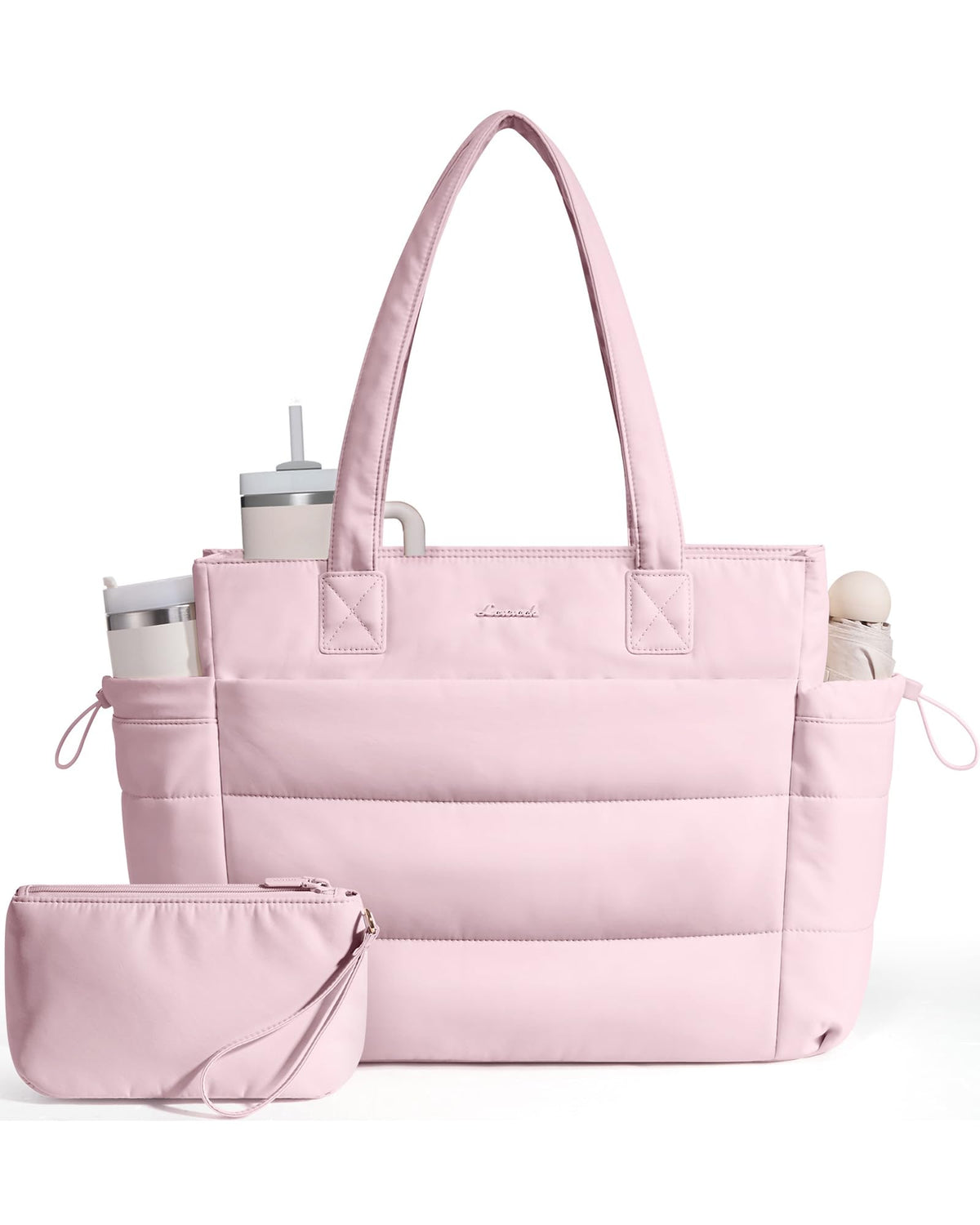 LOVEVOOK Tote Bag for Women with Giant Tumbler Holder Pocket, Puffer Work Travel Laptop Handbag with Zipper for Nurse Teacher
