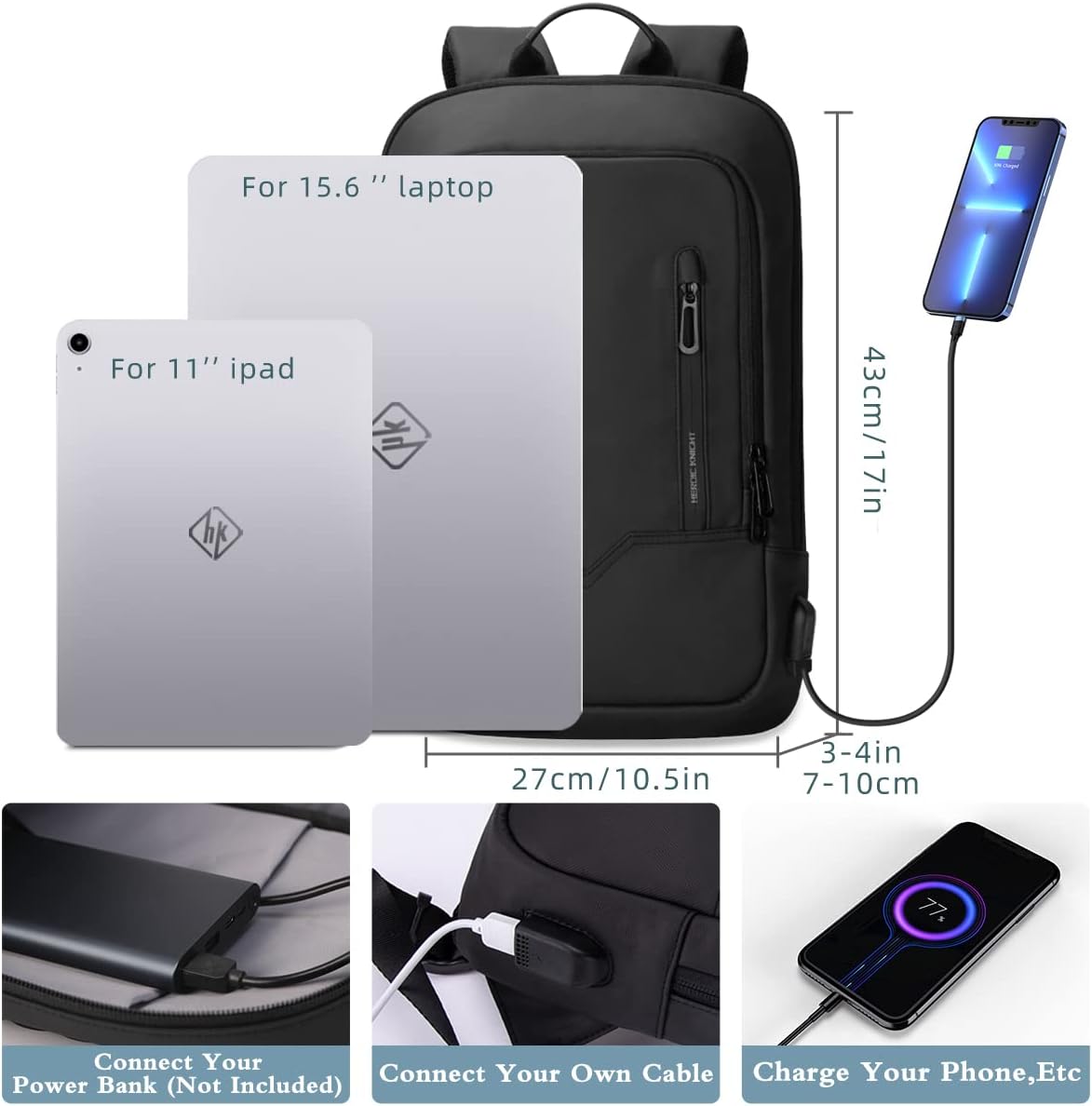 hk Backpack for Men, Business Slim Computer Bag for 15.6 Inch Laptop