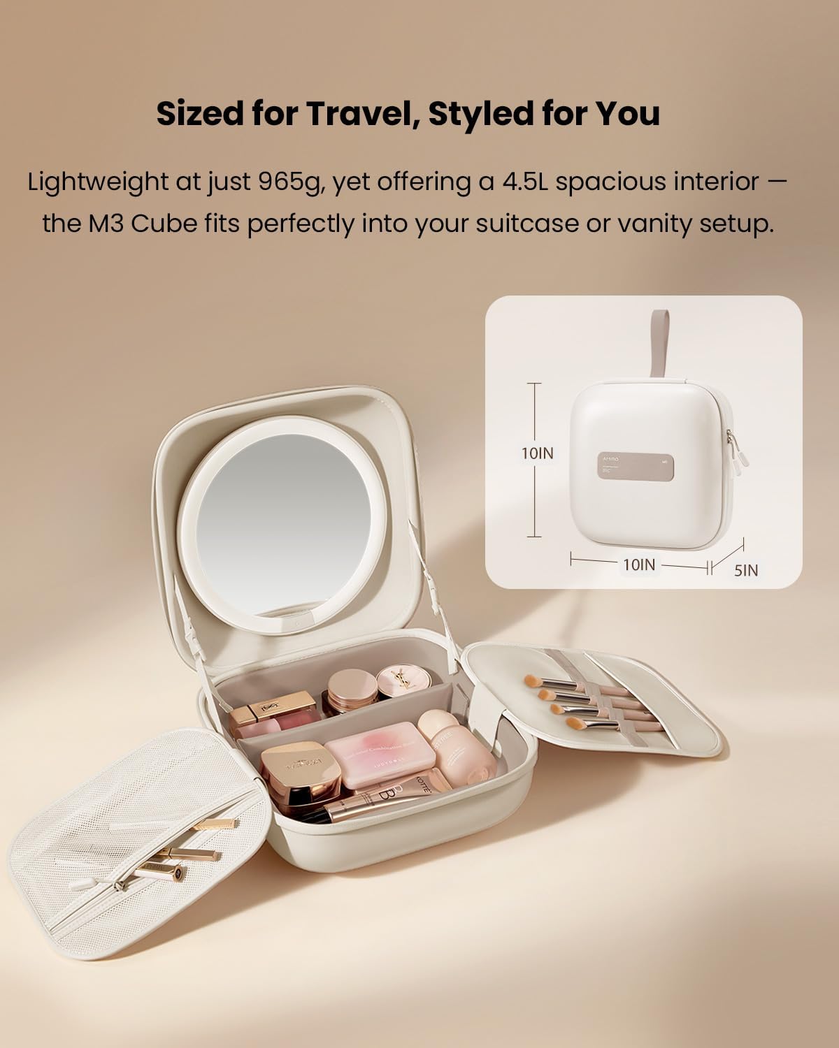 AMIRO Travel Makeup Bag with Stepless Brightness&3 Color LED Mirror, White