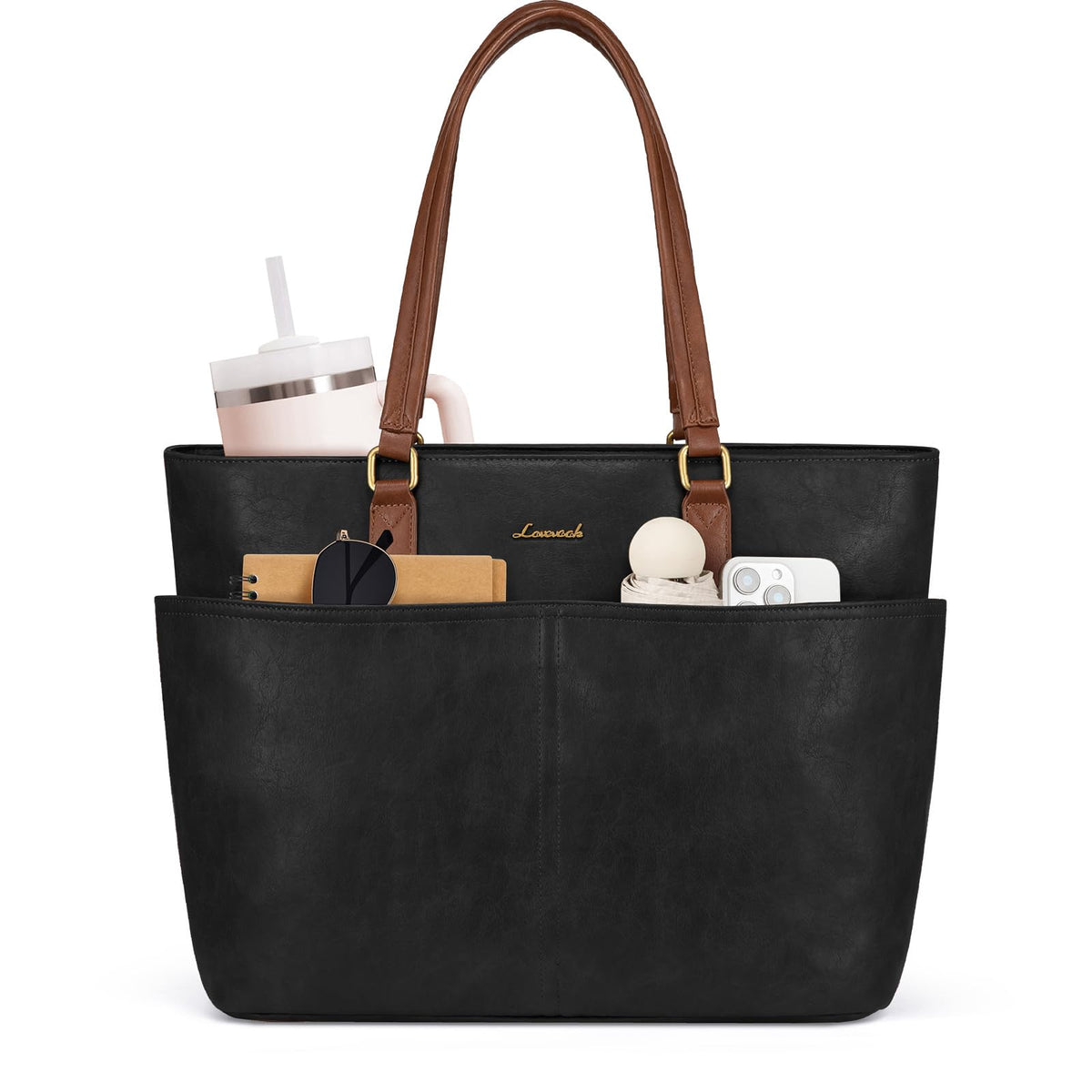 LOVEVOOK Work Tote Bags for Women, Vintage Leather 15.6 Inch Laptop Bag with Large Cup Holder, Teacher Nurse Medical Professional Computer Bag, Office Briefcase Handbag Gift