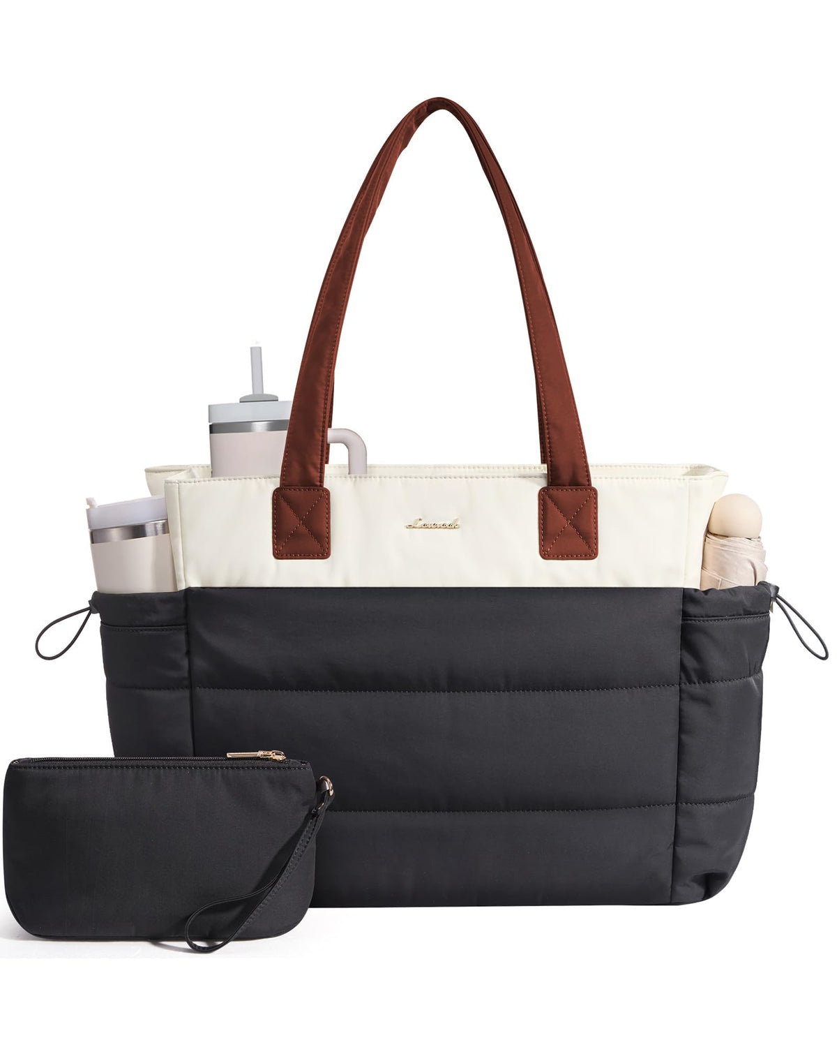 LOVEVOOK Tote Bag for Women with Giant Tumbler Holder Pocket, Puffer Work Travel Laptop Handbag with Zipper for Nurse Teacher