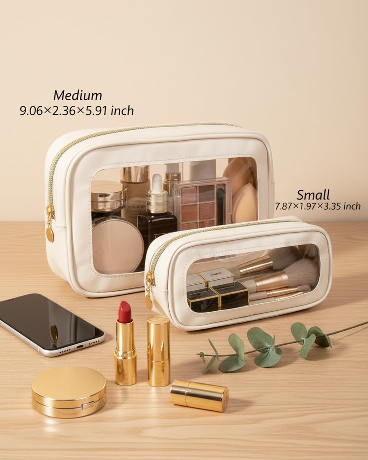 2Pcs Clear Makeup Bags Set, Clear Travel Makeup Brush Holder Leather Makeup Case Toiletry Bag with Zipper Portable Cosmetic Pouch Waterproof Makeup Brush Storage Bag Car Bag for Essentials