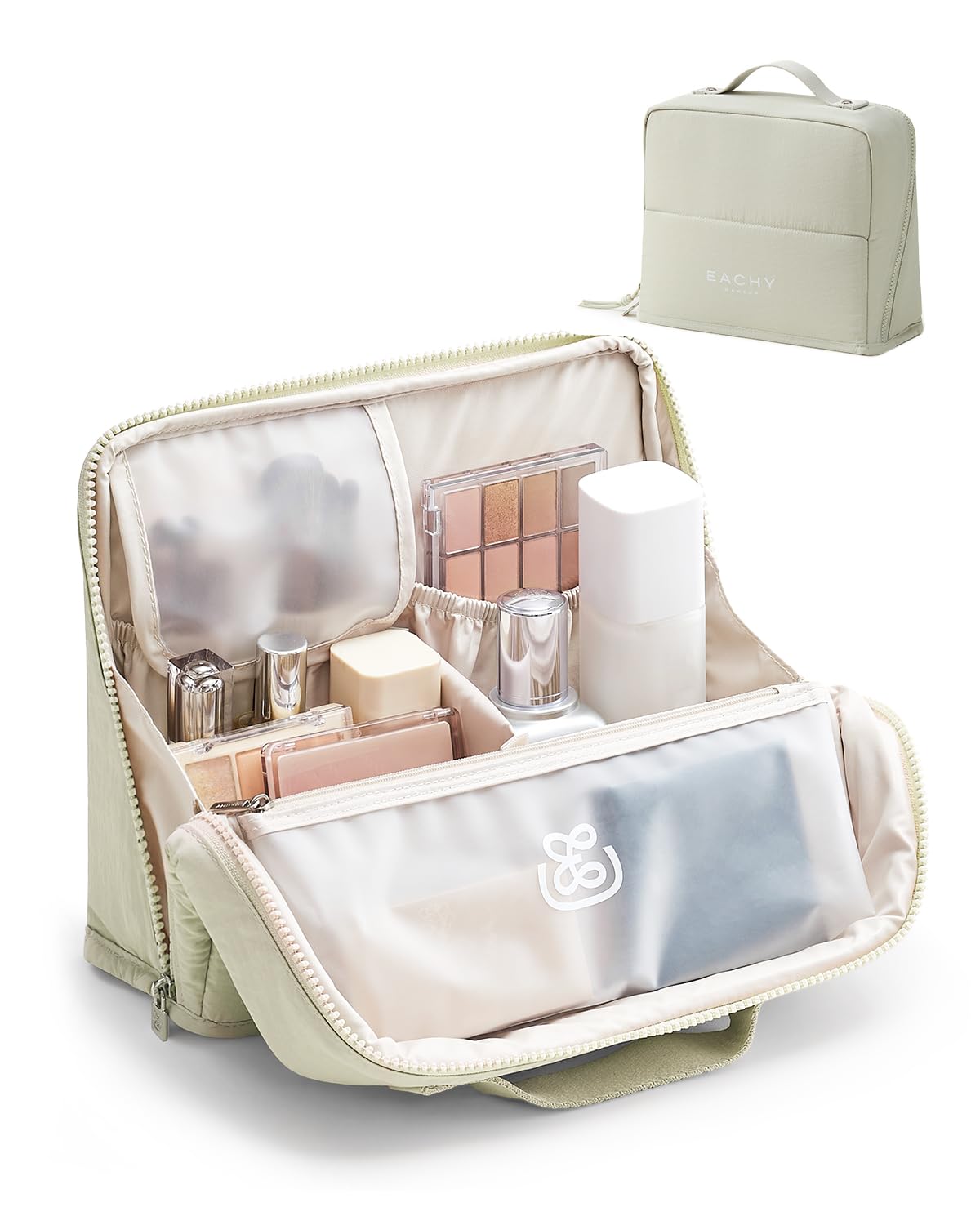 EACHY Standing Makeup Bag - Waterproof Cosmetic Bag & Toiletry Bag Organizer with Phone Holder, Detachable Dividers, Wipe-Clean Brush Pouch for Women