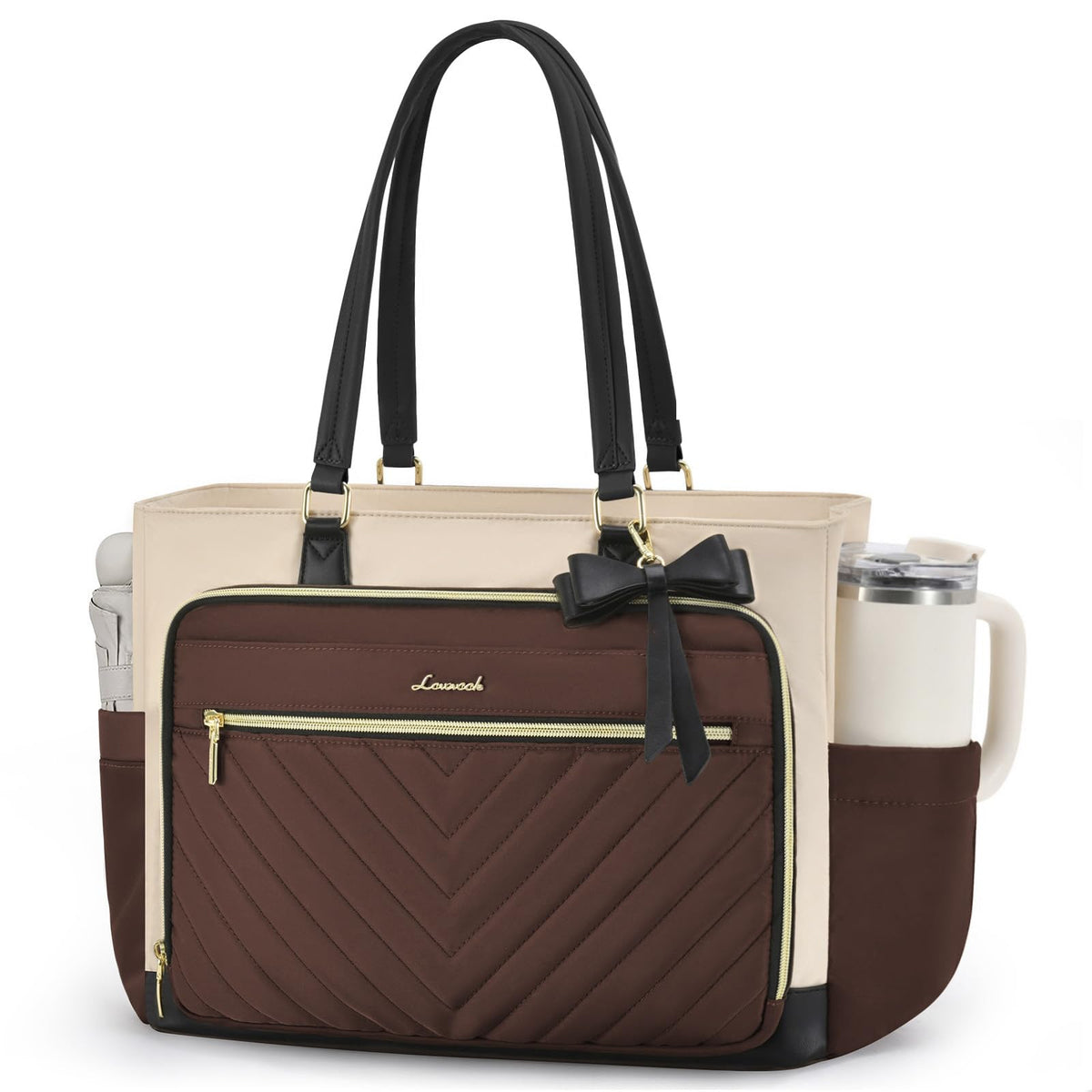 LOVEVOOK Teacher Tote Bag for Women, Work Laptop Bag Gift with Large Cup Holder, Quilted Nurse Bag Diaper Tote with Multi-Pockets, Large Computer Handbag Purse for Bussiness Travel, Office, College
