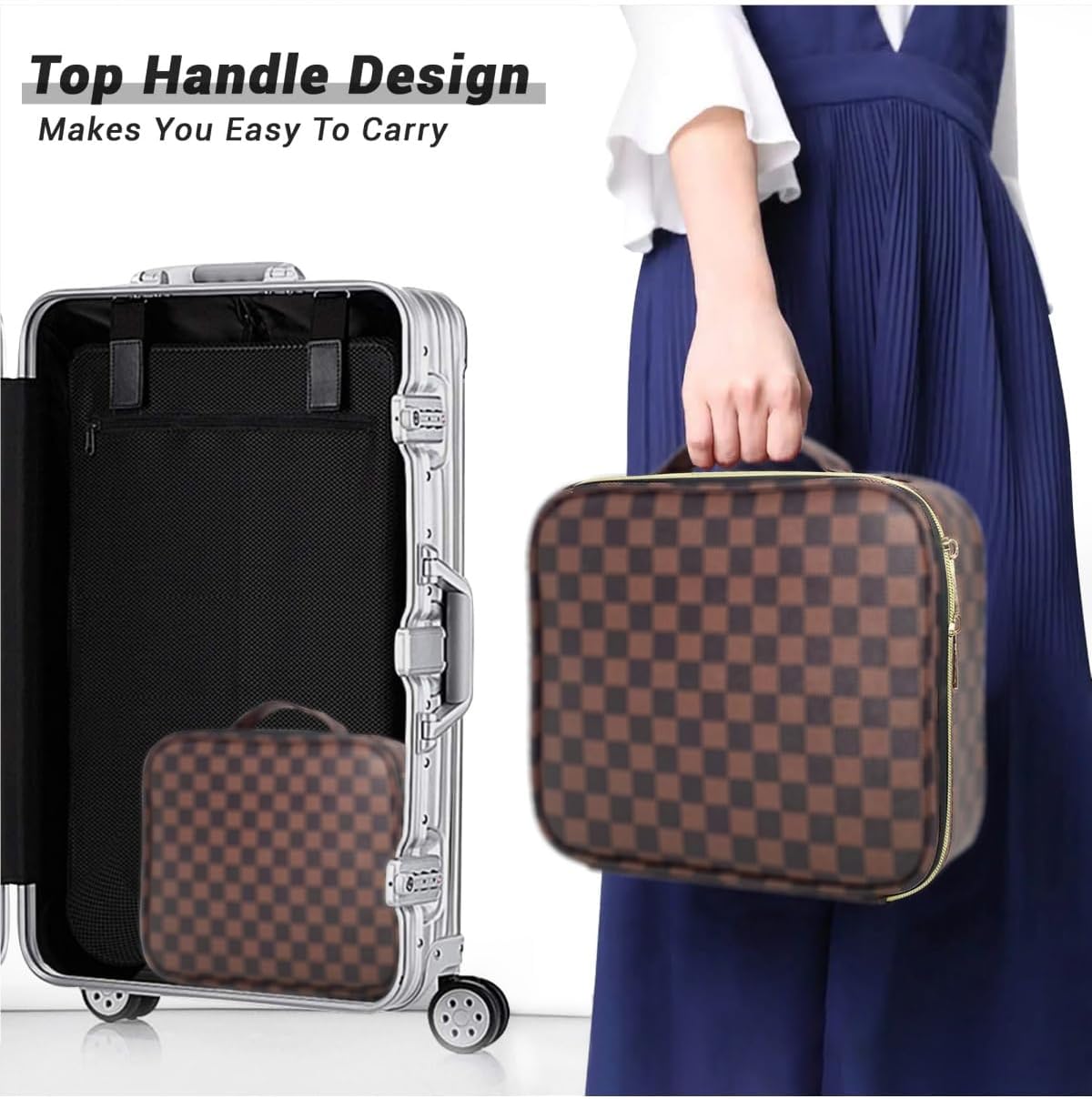 Checkered Makeup Bag, Portable Makeup Bag with Adjustable Partition, Cosmetic Bags for Women Toiletry Travel Organizer Portable Make Up Bags for Christmas Birthday Gifts