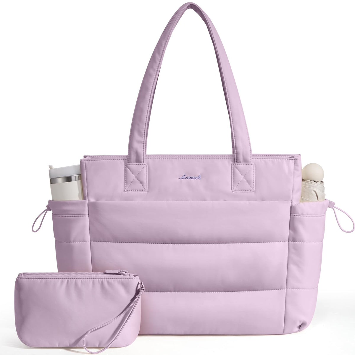 LOVEVOOK Tote Bag for Women with Giant Tumbler Holder Pocket, Puffer Work Travel Laptop Handbag with Zipper for Nurse Teacher