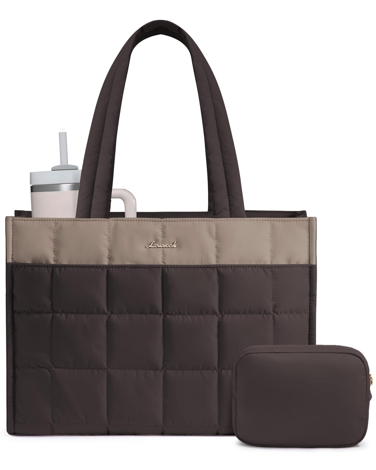 LOVEVOOK Tote Bag for Women, Puffer Work Handbag 15.6 Inch Laptop Purse for Nurse Teacher, Large Quilted Travel Tote Shoulder Bag with Zipper for College Office Clinical Gym, Black