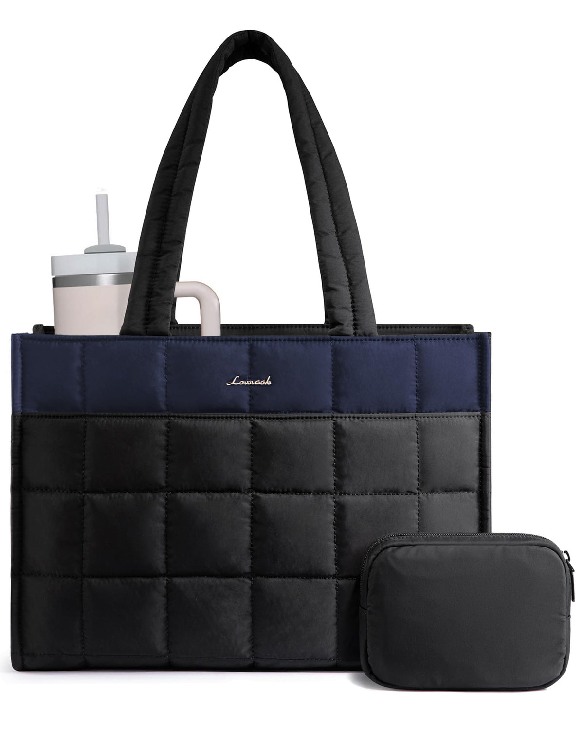 LOVEVOOK Tote Bag for Women, Puffer Work Handbag 15.6 Inch Laptop Purse for Nurse Teacher, Large Quilted Travel Tote Shoulder Bag with Zipper for College Office Clinical Gym, Black