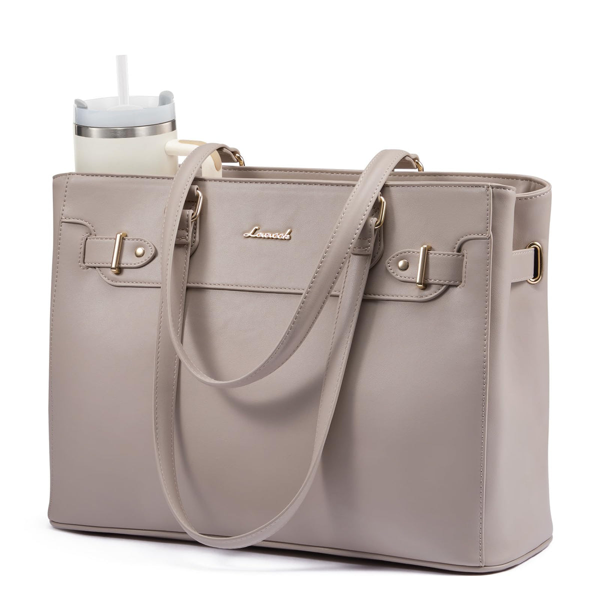 LOVEVOOK Laptop Tote Bag for Women Work, Teacher Tote Bag with Large Cup Holder, Waterproof Leather Computer Bag