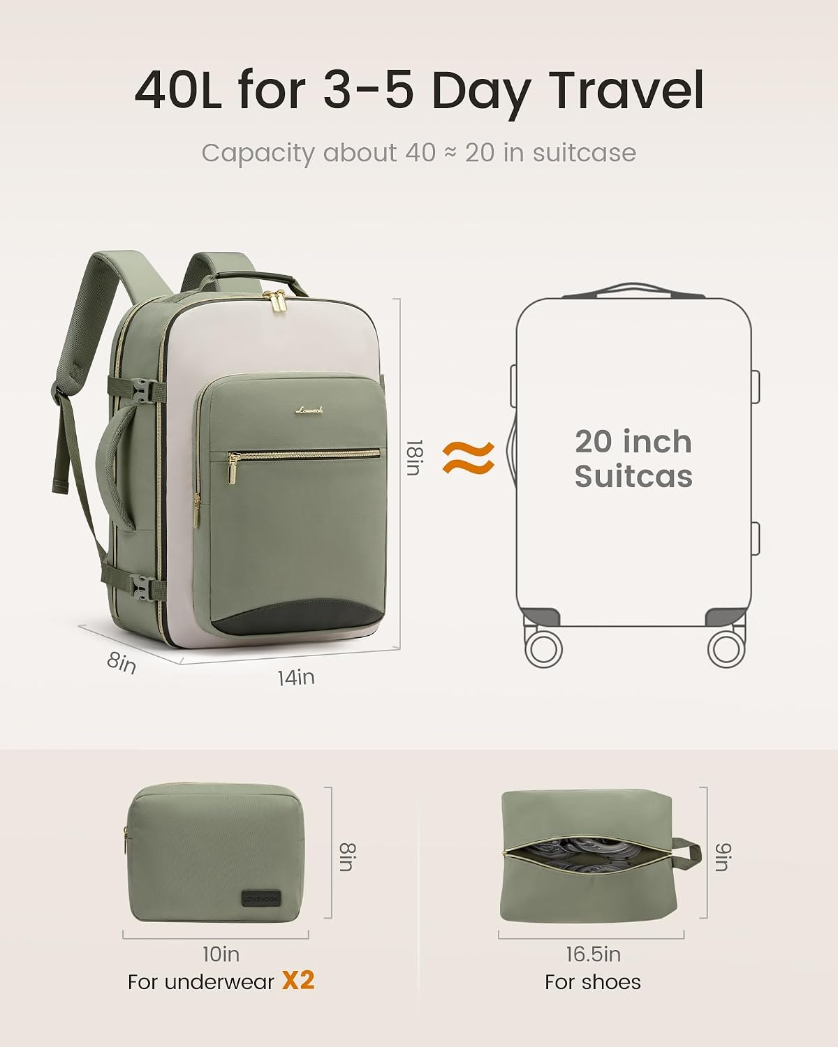 LOVEVOOK 40L Travel Backpack for Women & Men, Airline Approved Carry On Luggage with 3 Packing Cubes, TSA Overnight Bags, Waterproof Personal Item Bag, Weekender Essentials Backpacks fits 17" Laptop
