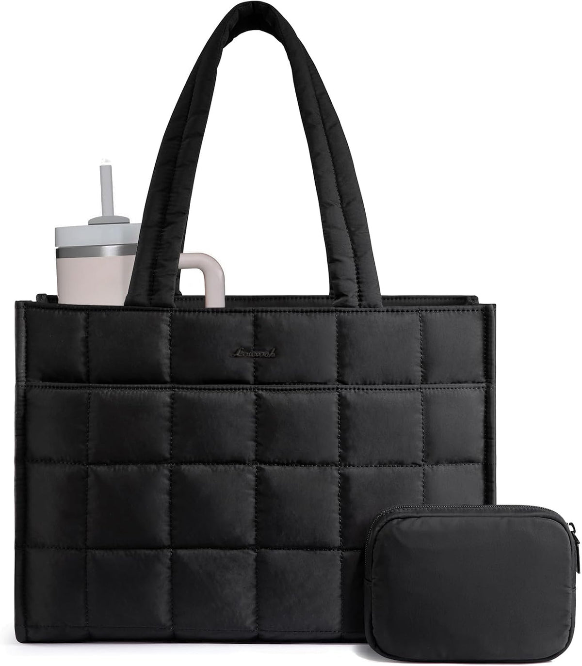 LOVEVOOK Tote Bag for Women, Puffer Work Handbag 15.6 Inch Laptop Purse for Nurse Teacher, Large Quilted Travel Tote Shoulder Bag with Zipper for College Office Clinical Gym, Black