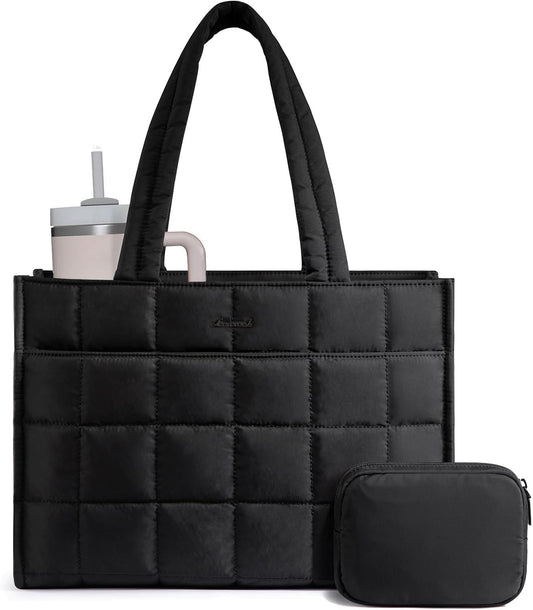 LOVEVOOK Tote Bag for Women, Puffer Work Handbag 15.6 Inch Laptop Purse for Nurse Teacher, Large Quilted Travel Tote Shoulder Bag with Zipper for College Office Clinical Gym, Black