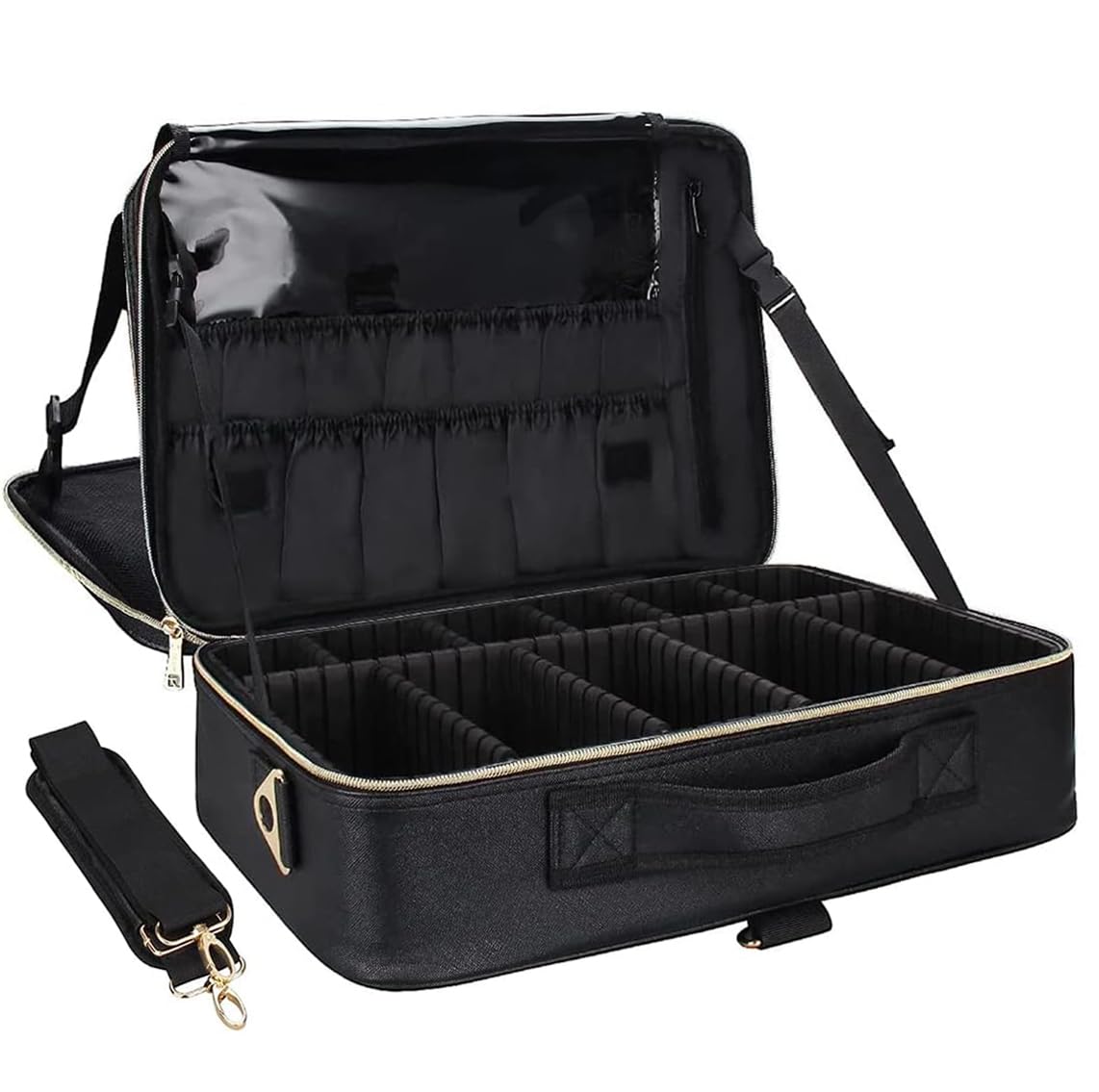 Relavel Extra Large Makeup Case, Makeup Artist Set Bag Professional Cosmetic Organizer Bag Storage Box with Makeup Brush Holder, Adjustable Dividers and Shoulder Strap, Black
