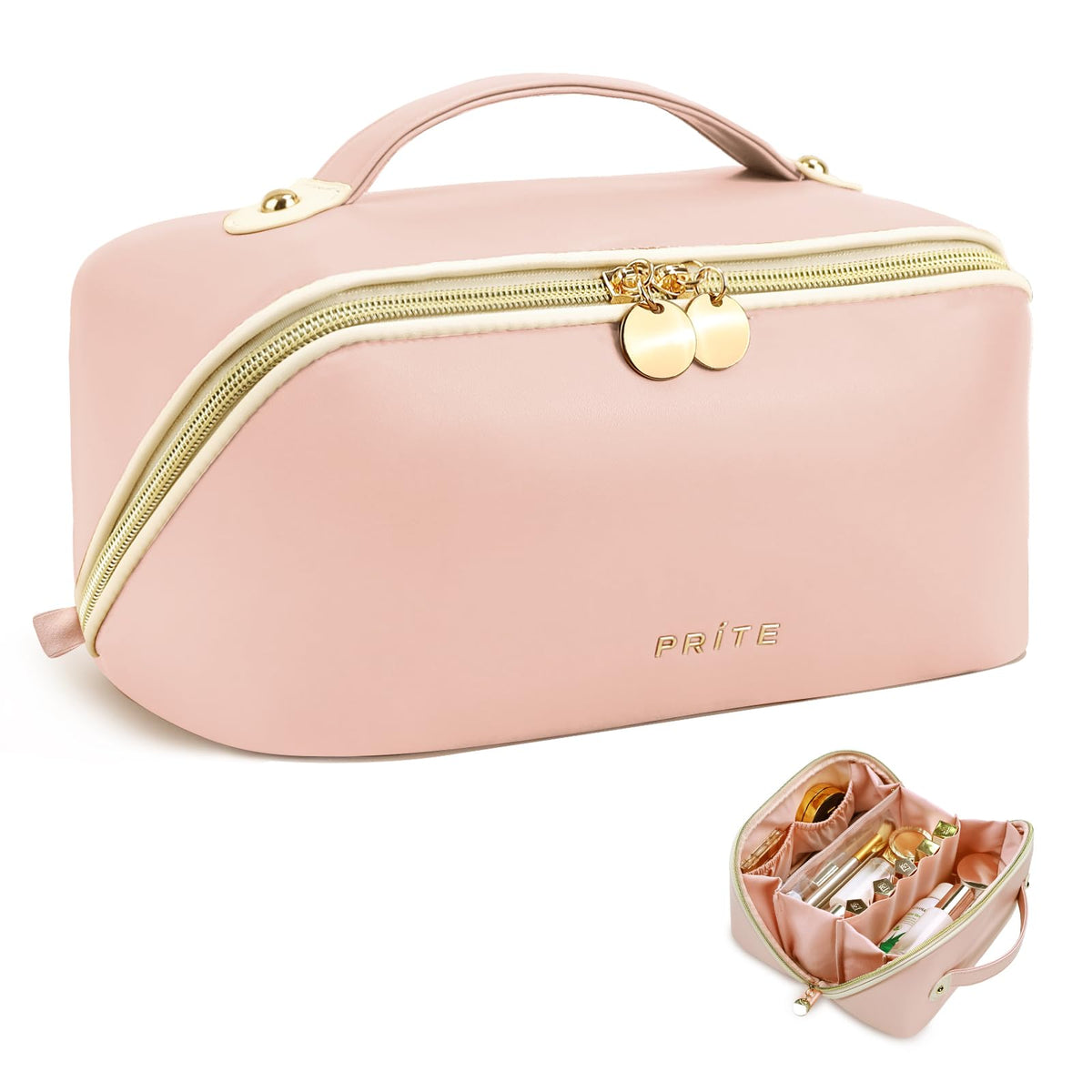 Prite Makeup Bag Travel Toiletry Bag Open Flat Cosmetic Organizer for Women
