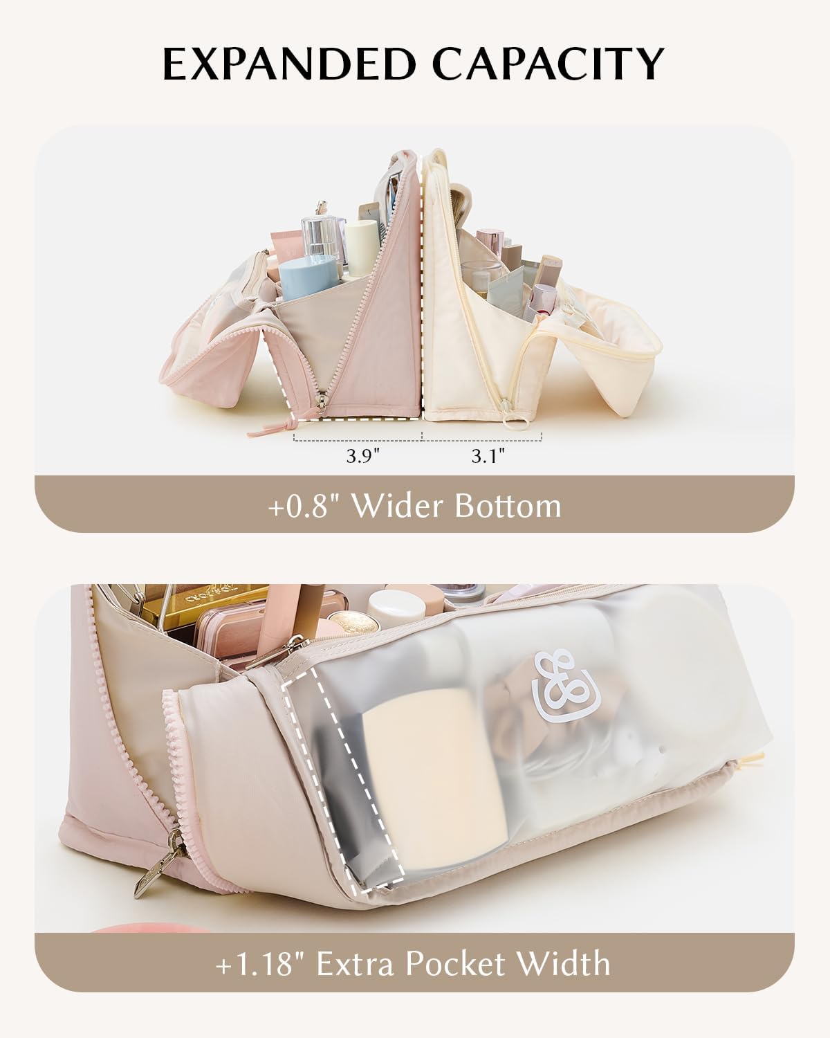 EACHY Standing Makeup Bag - Waterproof Cosmetic Bag & Toiletry Bag Organizer with Phone Holder, Detachable Dividers, Wipe-Clean Brush Pouch for Women