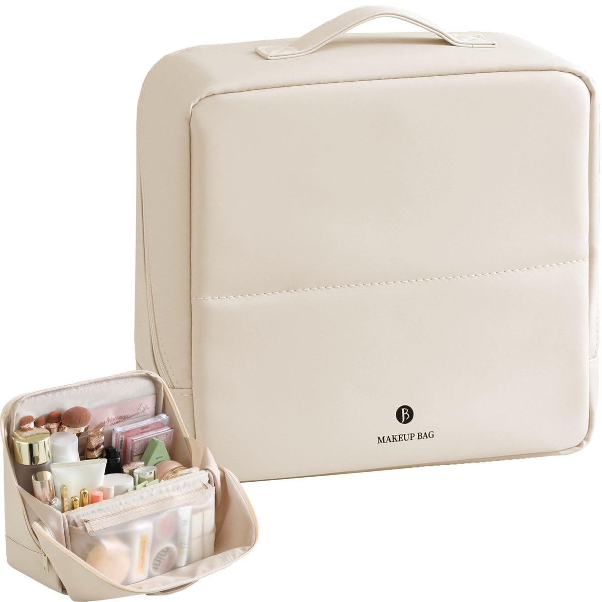 tianzong Travel Makeup Bag with Magnetic Fold-Down Flap, Waterproof Leather Cosmetic and Toiletry Organizer for Women, Multi-Zone Standing Storage, Dusty Rose, Large
