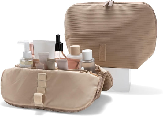 THE VERTI-Vertical Waterproof Makeup & Toiletry Bag | 23-Pocket Organizer with Upright, Fold-Down Design for Skincare, Toiletries & Essentials (Sandstone)