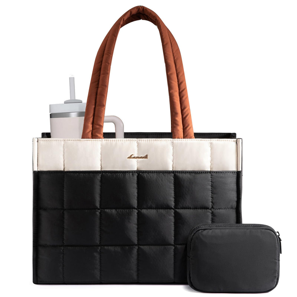 LOVEVOOK Tote Bag for Women, Puffer Work Handbag 15.6 Inch Laptop Purse for Nurse Teacher, Large Quilted Travel Tote Shoulder Bag with Zipper for College Office Clinical Gym, Black
