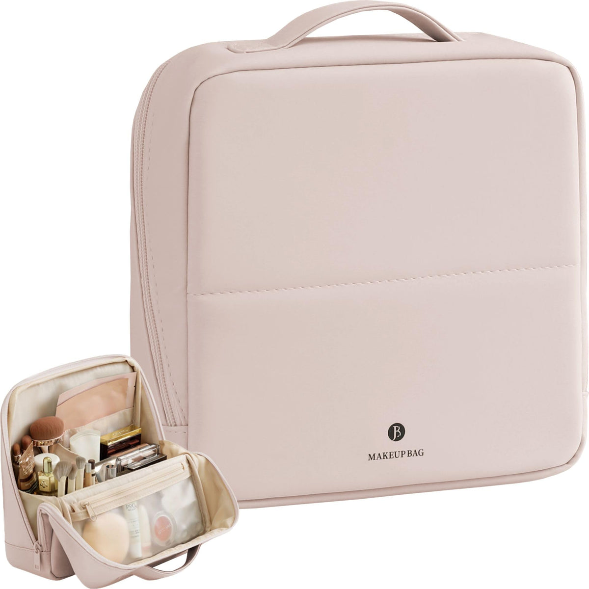 tianzong Travel Makeup Bag with Magnetic Fold-Down Flap, Waterproof Leather Cosmetic and Toiletry Organizer for Women, Multi-Zone Standing Storage, Cream, Large
