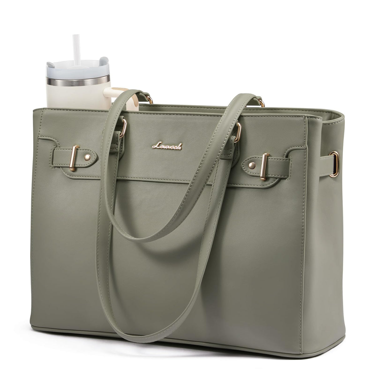 LOVEVOOK Laptop Tote Bag for Women Work, Teacher Tote Bag with Large Cup Holder, Waterproof Leather Computer Bag