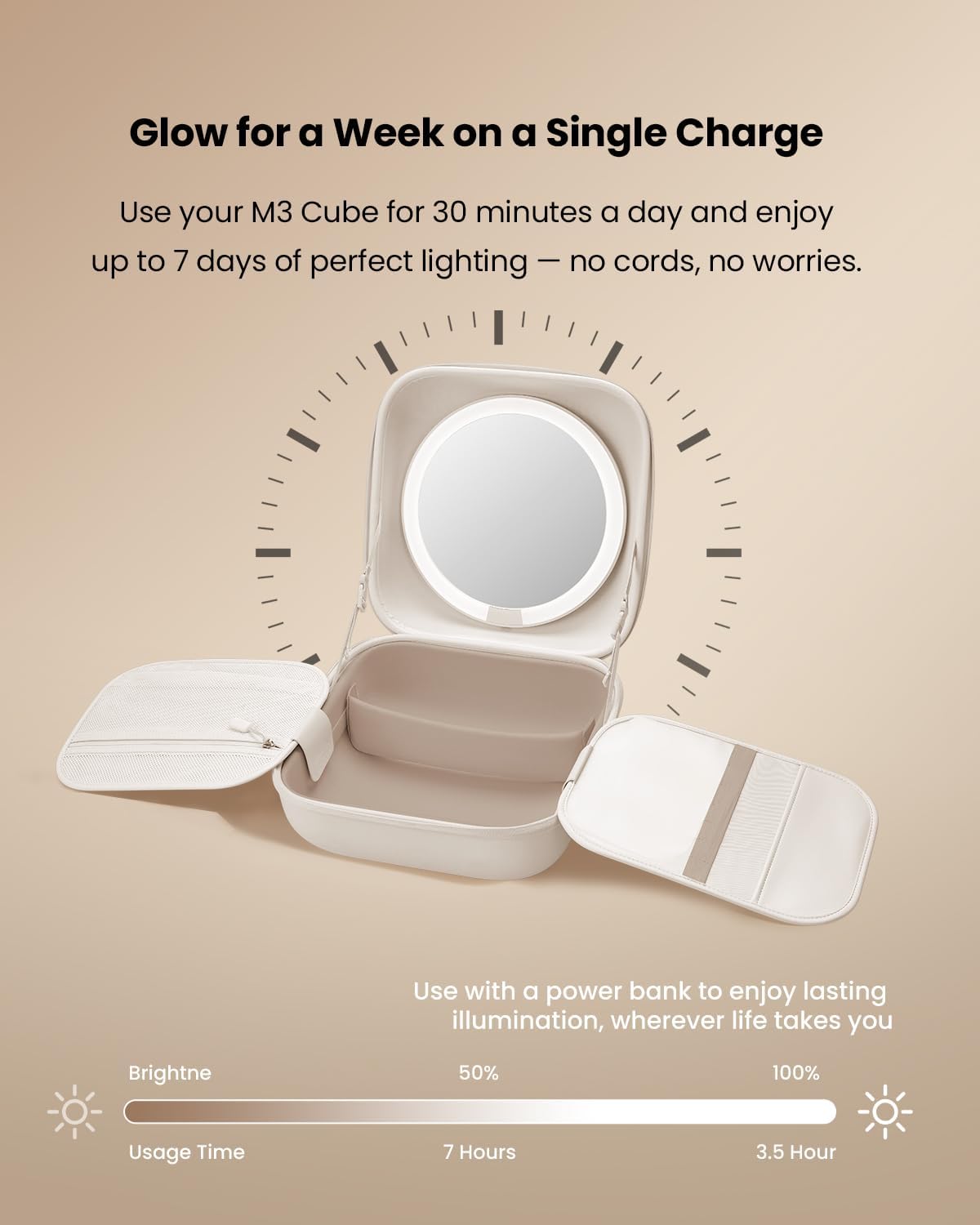 AMIRO Travel Makeup Bag with Stepless Brightness&3 Color LED Mirror, White