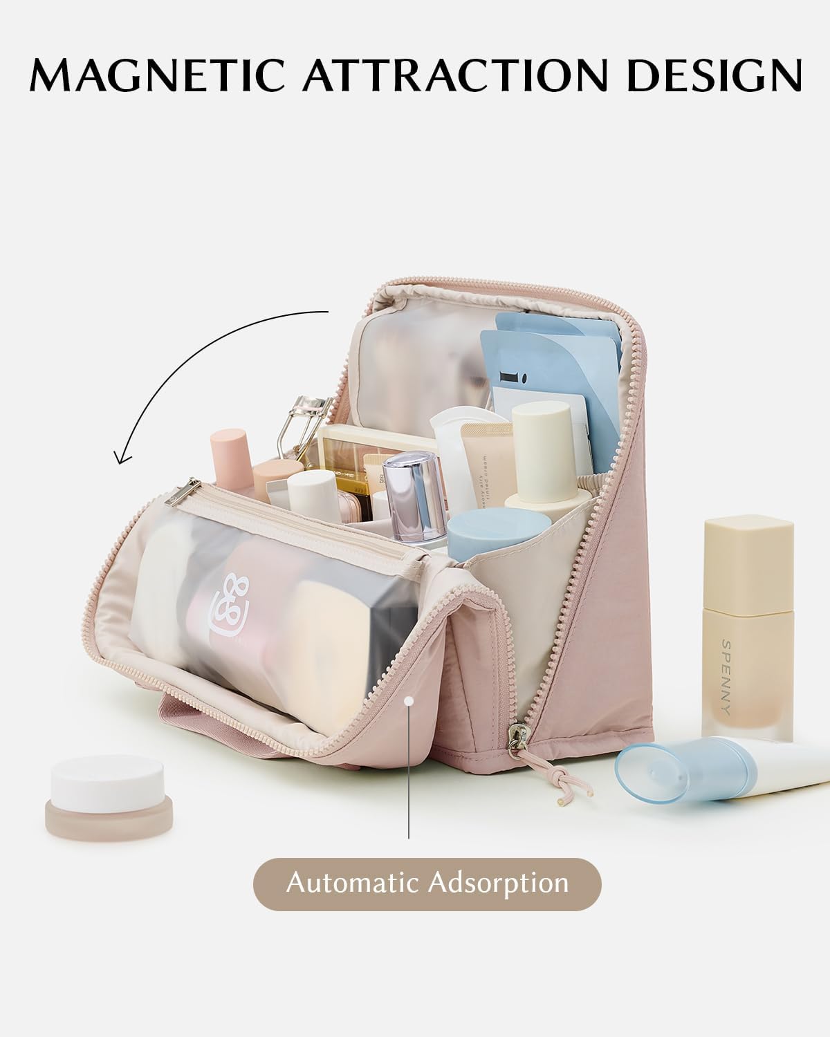 EACHY Standing Makeup Bag - Waterproof Cosmetic Bag & Toiletry Bag Organizer with Phone Holder, Detachable Dividers, Wipe-Clean Brush Pouch for Women