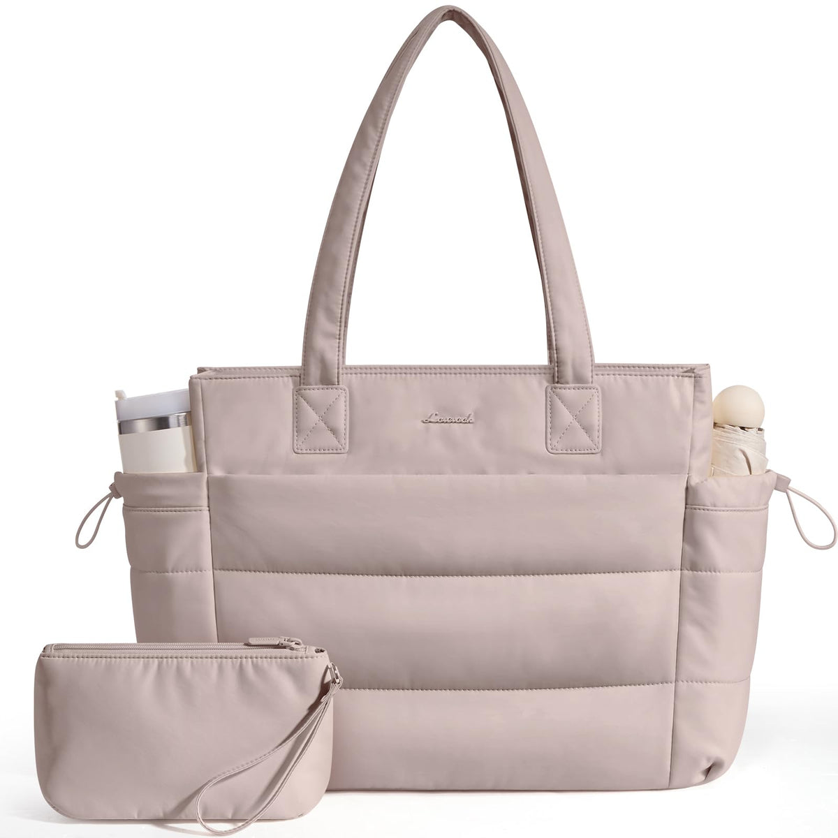 LOVEVOOK Tote Bag for Women with Giant Tumbler Holder Pocket, Puffer Work Travel Laptop Handbag with Zipper for Nurse Teacher