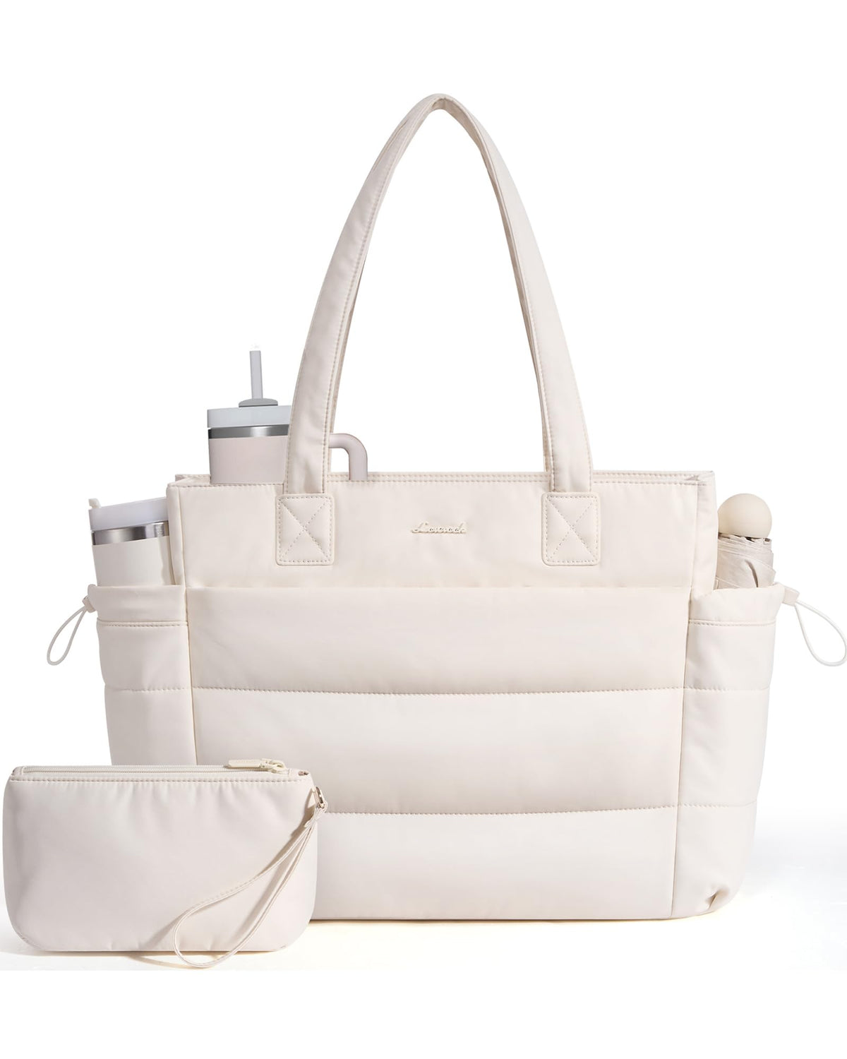 LOVEVOOK Tote Bag for Women with Giant Tumbler Holder Pocket, Puffer Work Travel Laptop Handbag with Zipper for Nurse Teacher