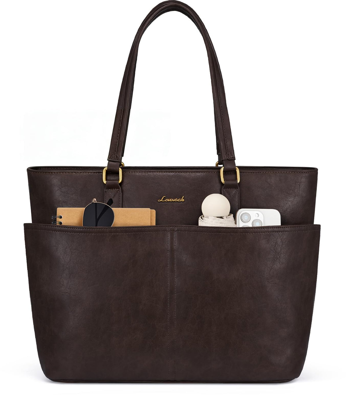LOVEVOOK Work Tote Bags for Women, Vintage Leather 15.6 Inch Laptop Bag with Large Cup Holder, Teacher Nurse Medical Professional Computer Bag, Office Briefcase Handbag Gift