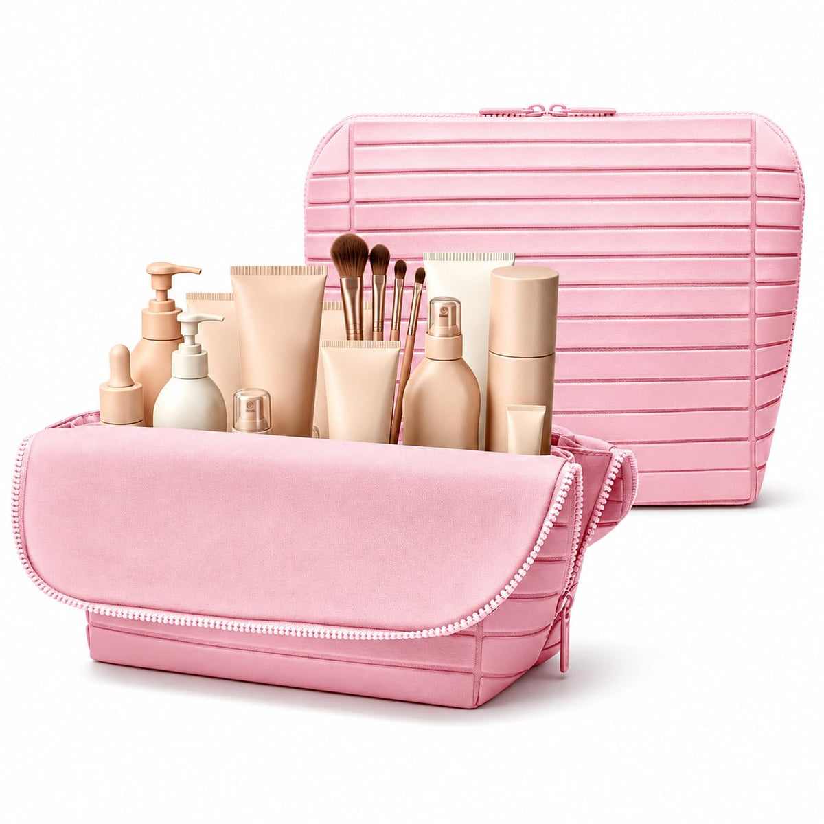 Travel Makeup Organizer Bag with Fold-Down Design and Adjustable Dividers, 27 Pockets & 3 Brush Storage Holders, Large Capacity Cosmetic Bags Toiletry Case - White