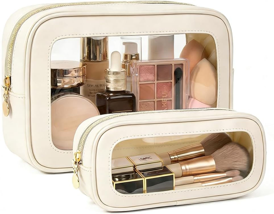 2Pcs Clear Makeup Bags Set, Clear Travel Makeup Brush Holder Leather Makeup Case Toiletry Bag with Zipper Portable Cosmetic Pouch Waterproof Makeup Brush Storage Bag Car Bag for Essentials