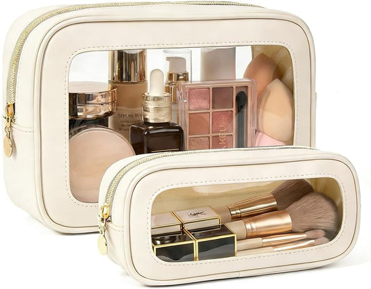2Pcs Clear Makeup Bags Set, Clear Travel Makeup Brush Holder Leather Makeup Case Toiletry Bag with Zipper Portable Cosmetic Pouch Waterproof Makeup Brush Storage Bag Car Bag for Essentials